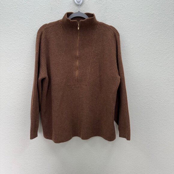 Daily Ritual Brown Ribbed 1/2 Half Zip Knit Wool Blend Sweater Womens sz Medium - Picture 1 of 10